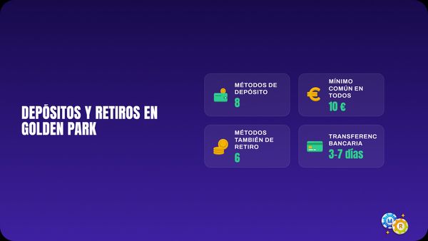 Depósitos y retiros en Golden Park: 8 métodos con 10 € de mínimo, 6 de ellos también para retirar y transferencia de 3 a 7 días