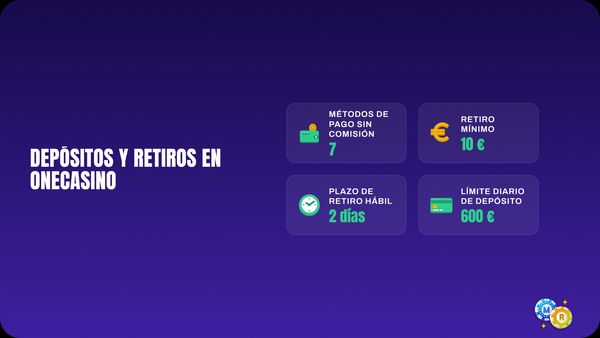 Depósitos y retiros de OneCasino: 7 métodos de pago sin comisión, retiro mínimo de 10 € y abono en 2 días hábiles