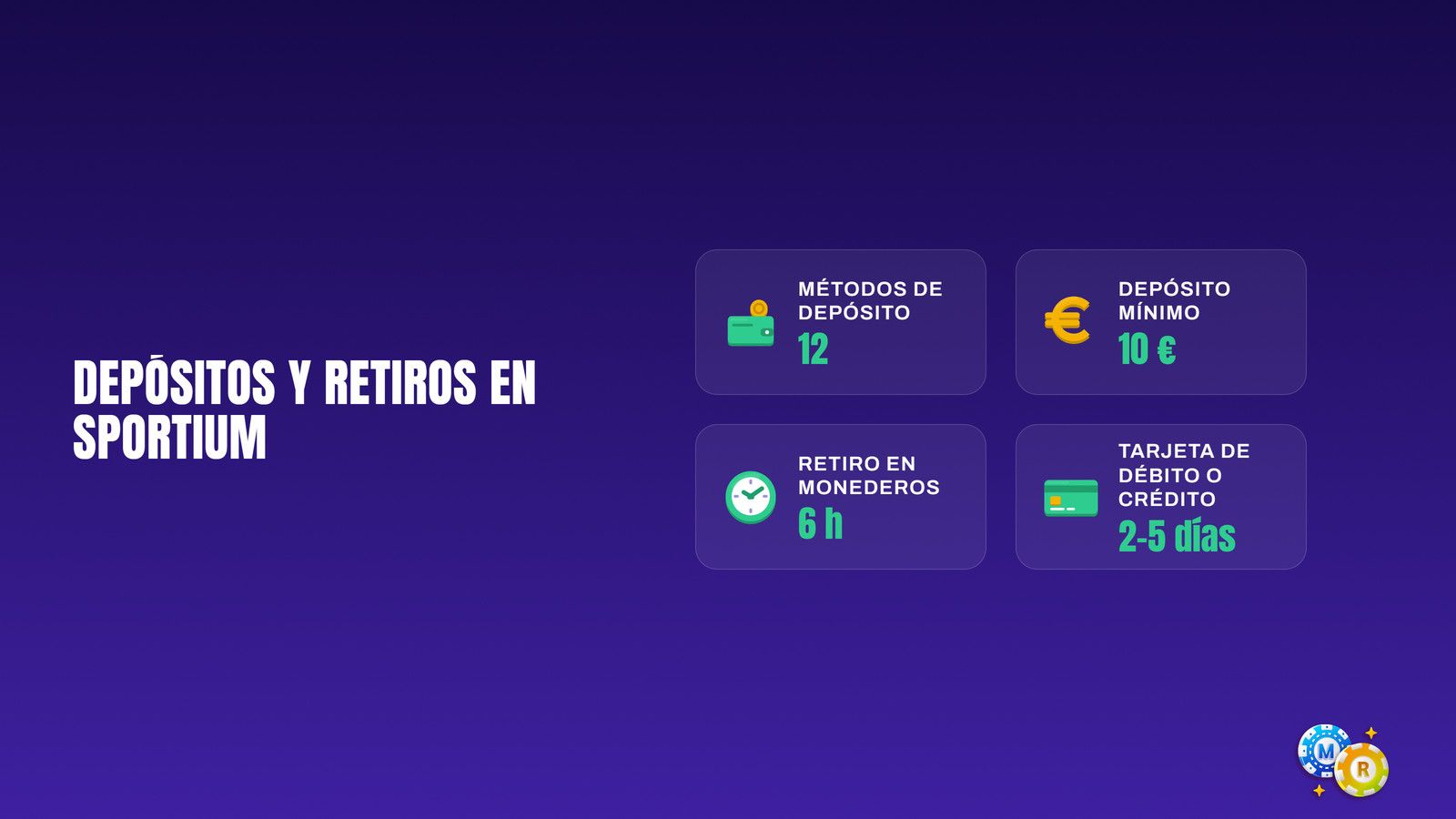 Depósitos y retiros en Sportium: 12 métodos sin comisiones, mínimo de 10 €, monederos en 6 horas y tarjeta en 2 a 5 días