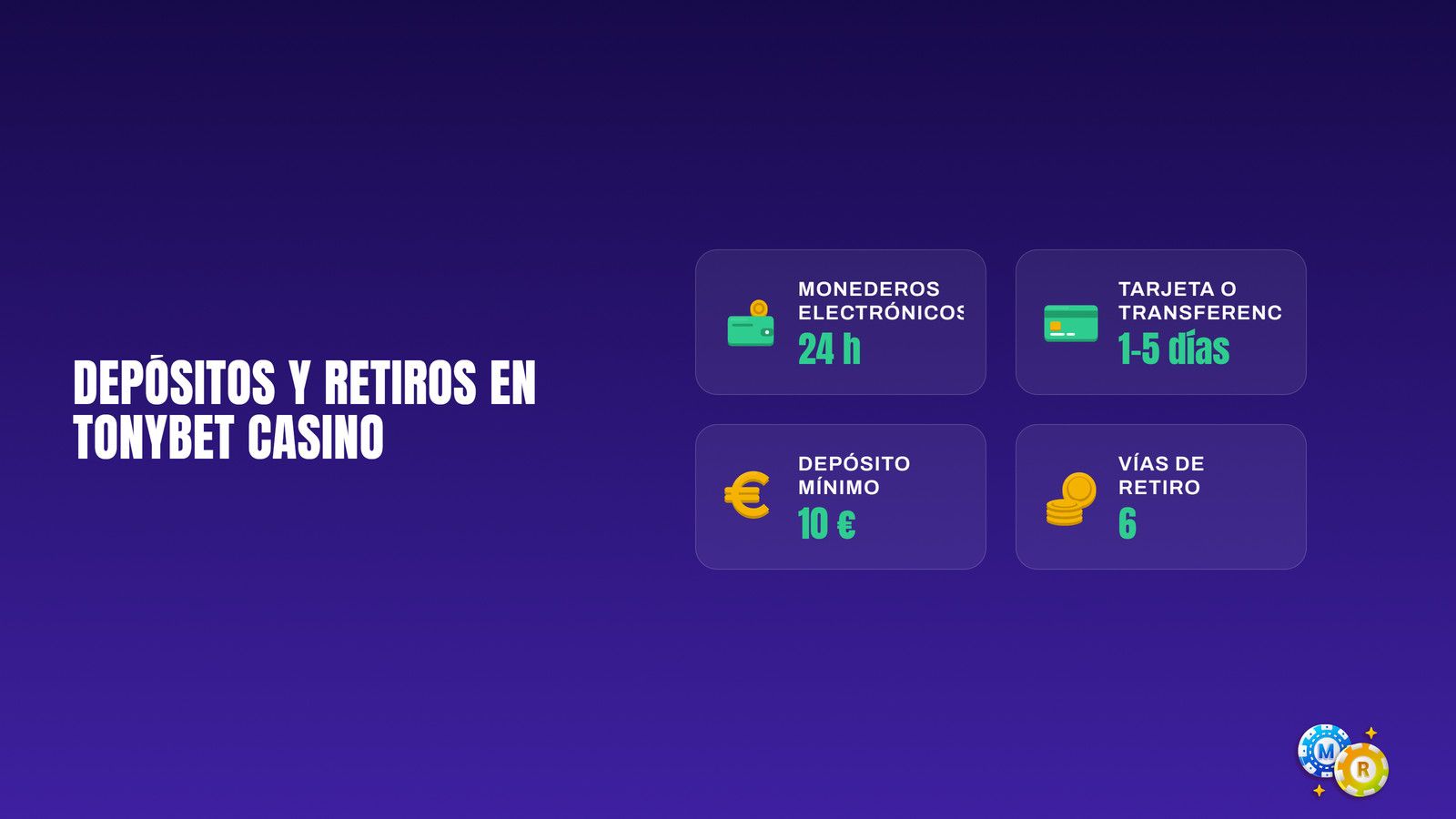 Depósitos y retiros de Tonybet Casino: monederos en 24 horas, tarjeta en 1 a 5 días laborables y depósito desde 10 €