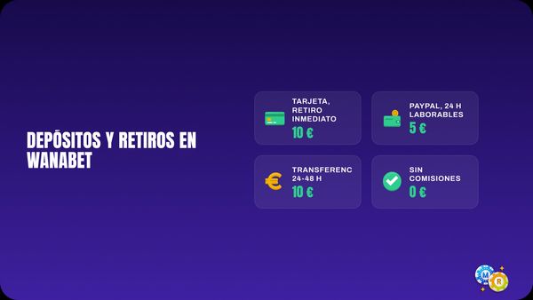 Depósitos y retiros en Wanabet (Yaass Casino): tarjeta inmediata desde 10 €, PayPal desde 5 € y transferencia en 24-48 horas.