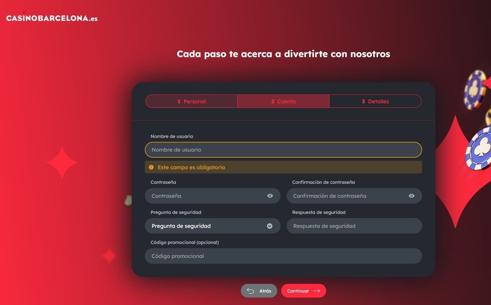 Paso 2 del registro en Casino Barcelona
