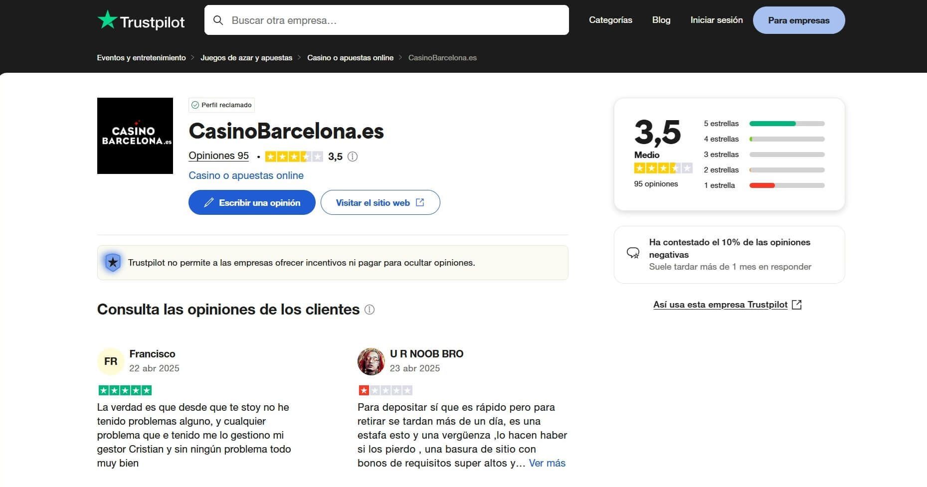 opiniones de CasinoBarcelona en Trustpilot