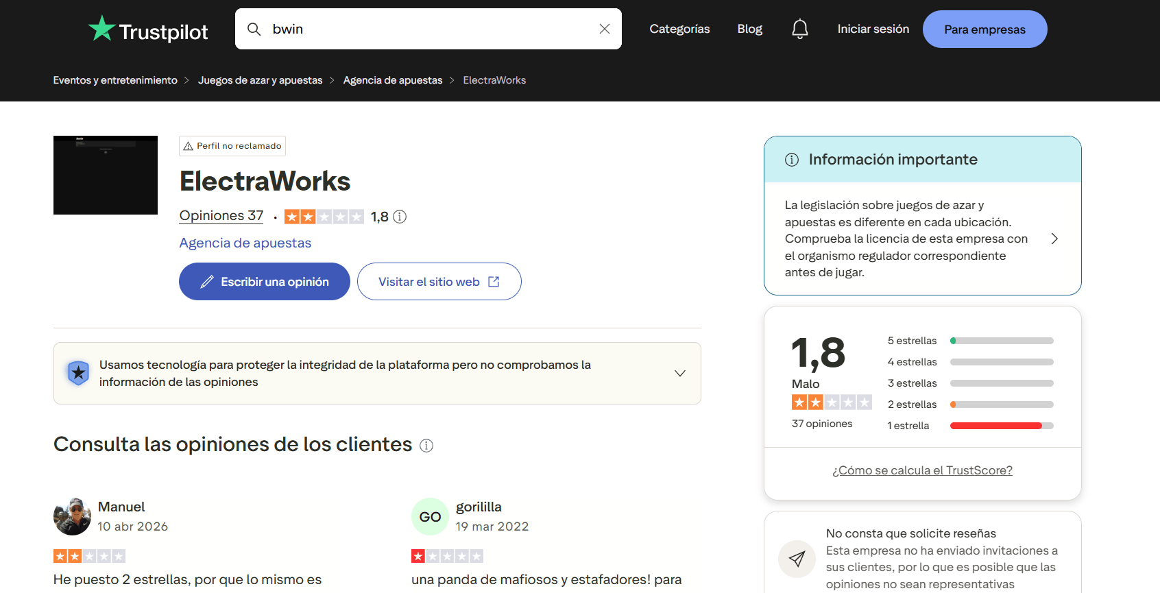 opiniones bwin casino en trustpilot
