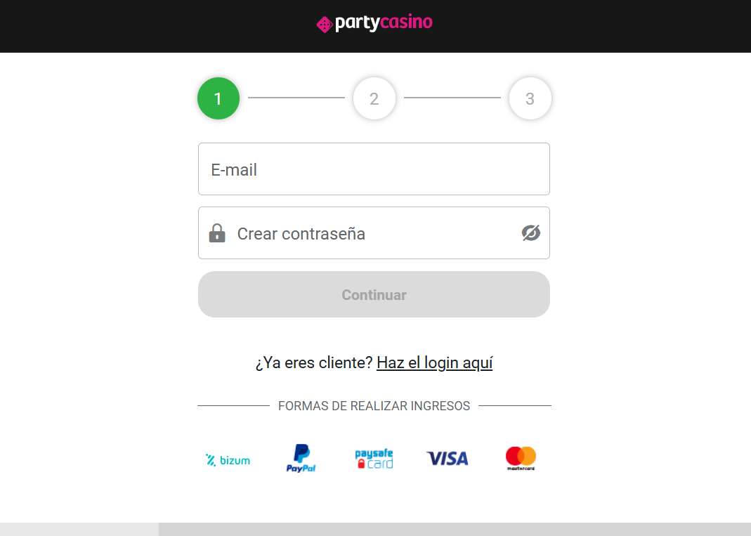 party casino online registro paso 1