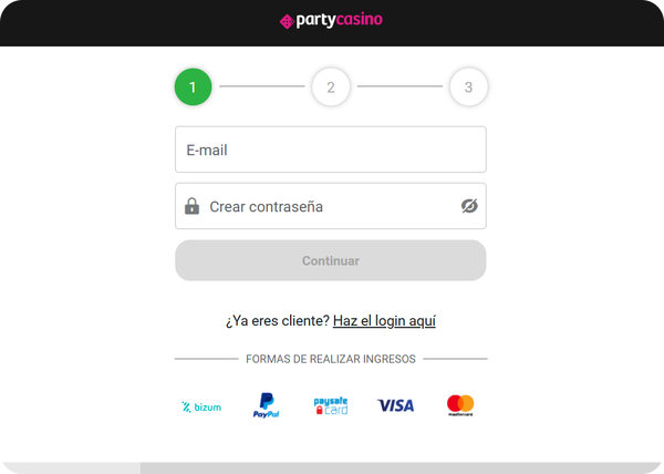 party casino online registro paso 1