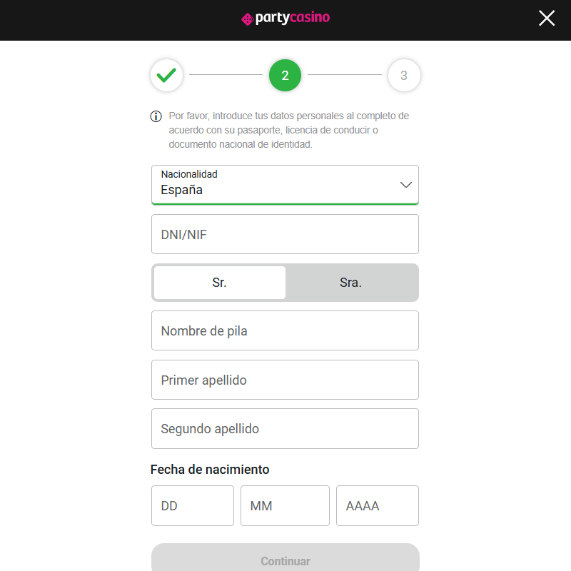 party casino online registro paso 2
