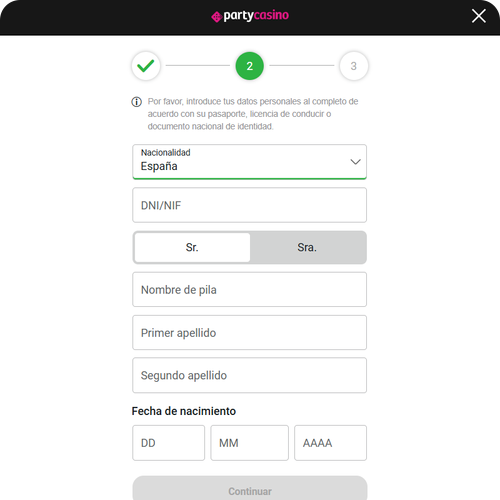 party casino online registro paso 2