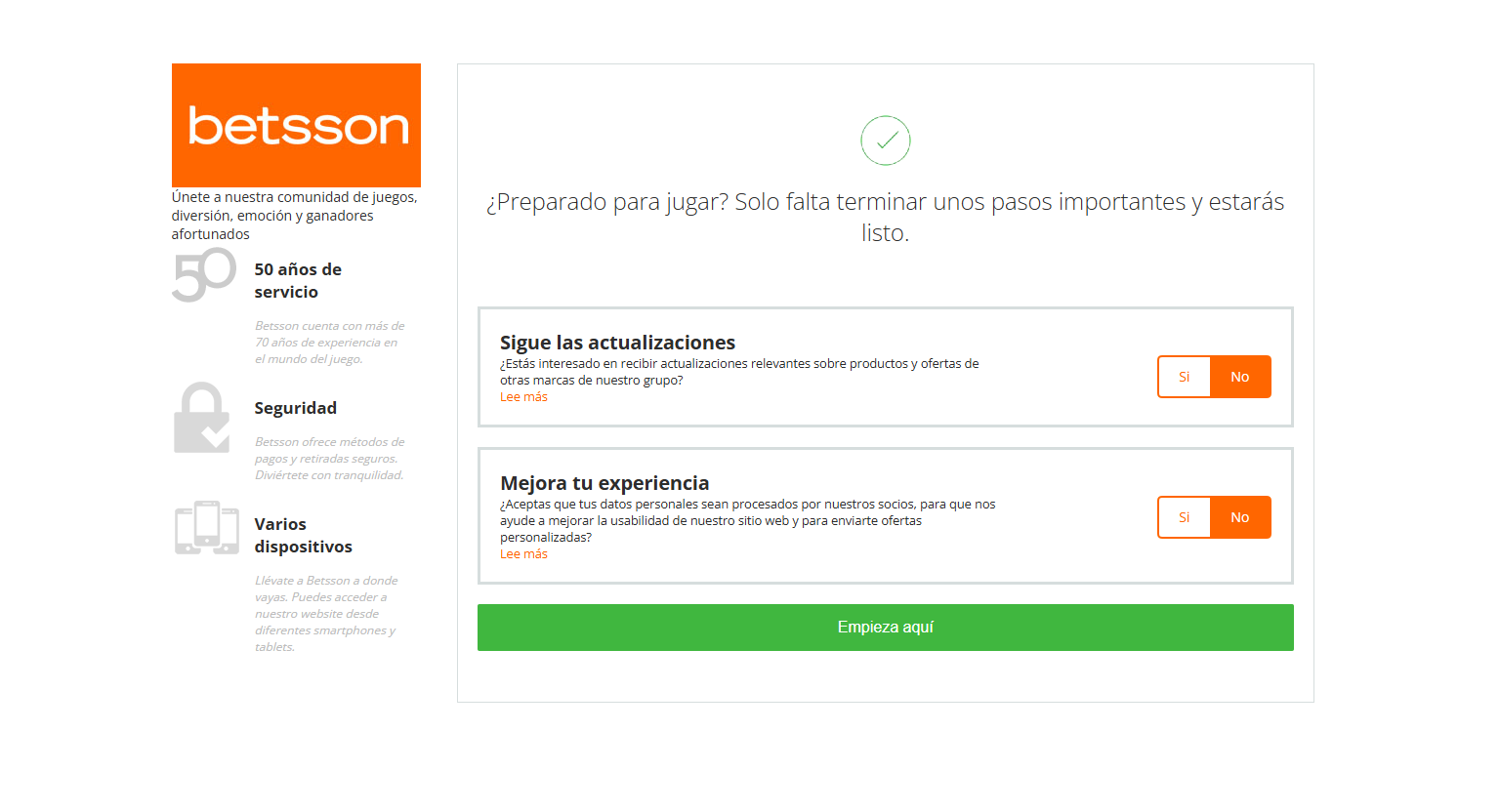 betsson casino registro paso 2