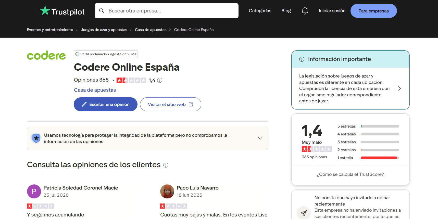 codere casino opiniones trustpilot