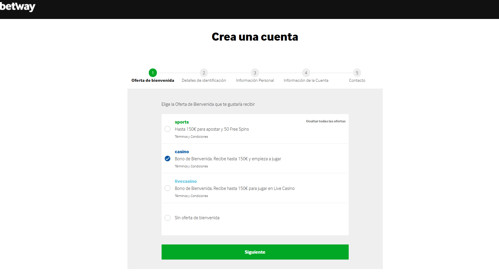 betway registro casino paso 1