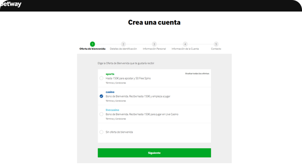 betway registro casino paso 1