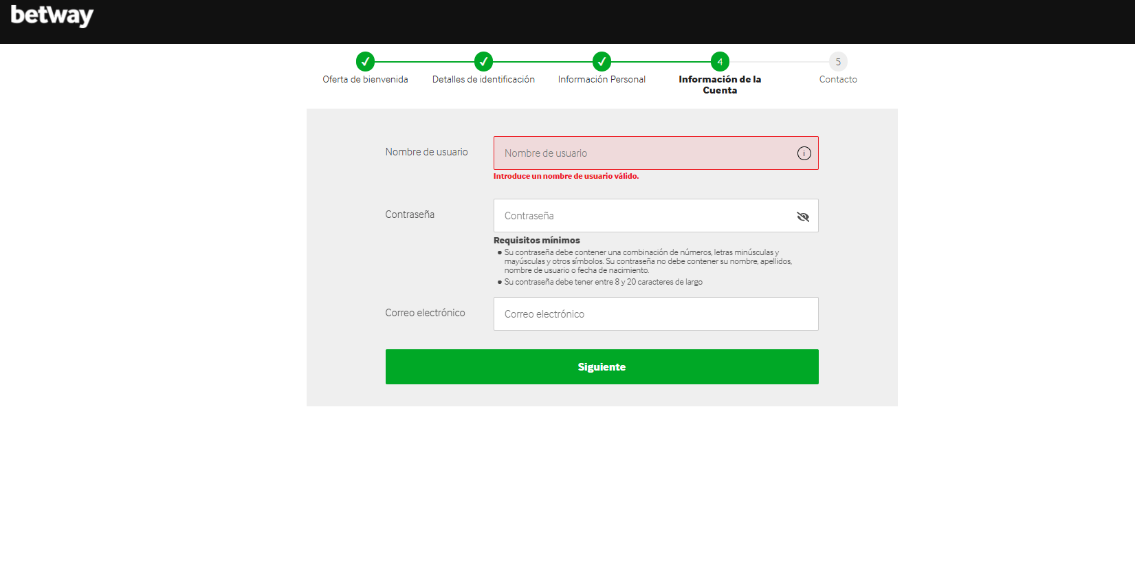 betway registro casino paso 4