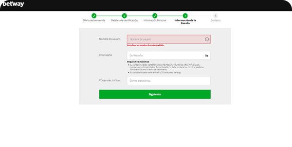 betway registro casino paso 4