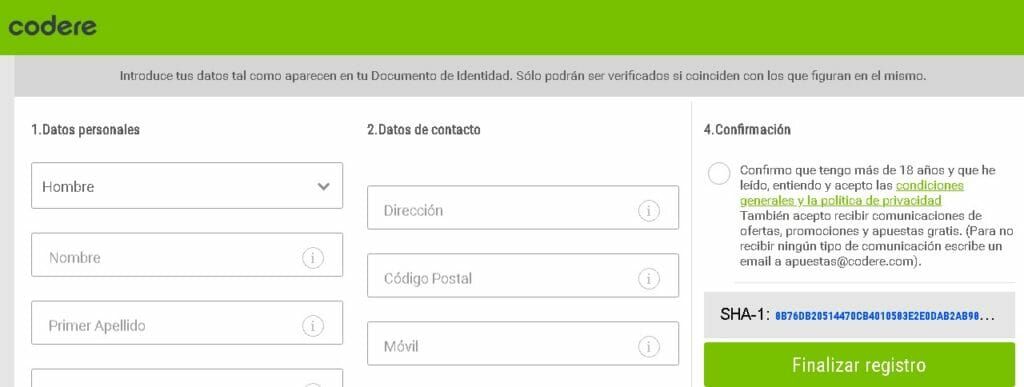 Regístrate en Codere.es
